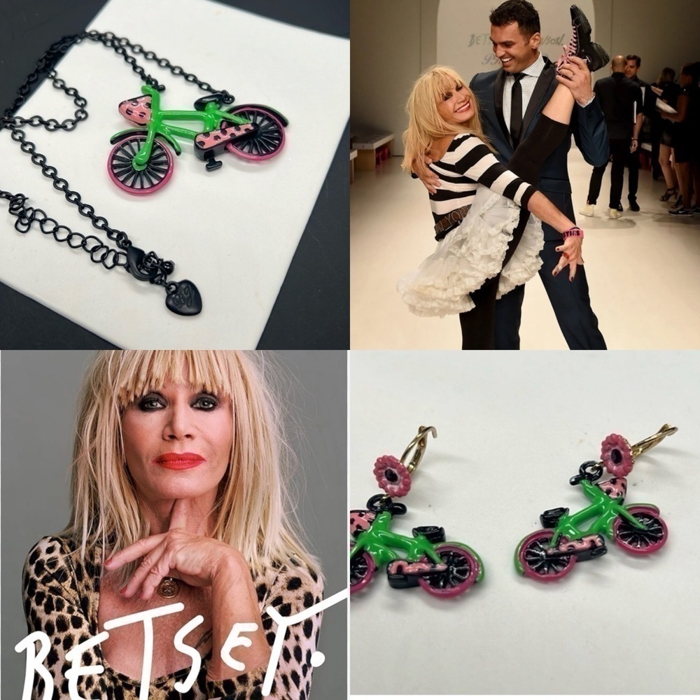 Betsy Johnson SET!! pedal me pink bike pendant necklace and earrings